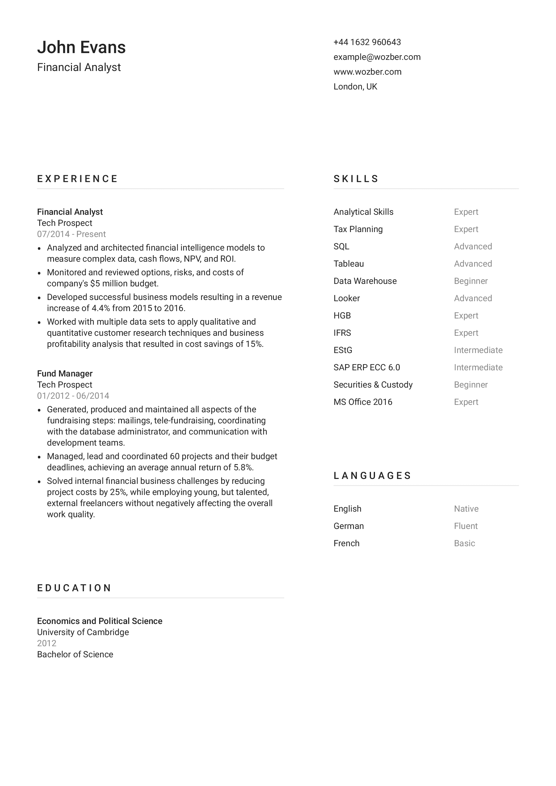 Modern resume example for Financial Analyst position