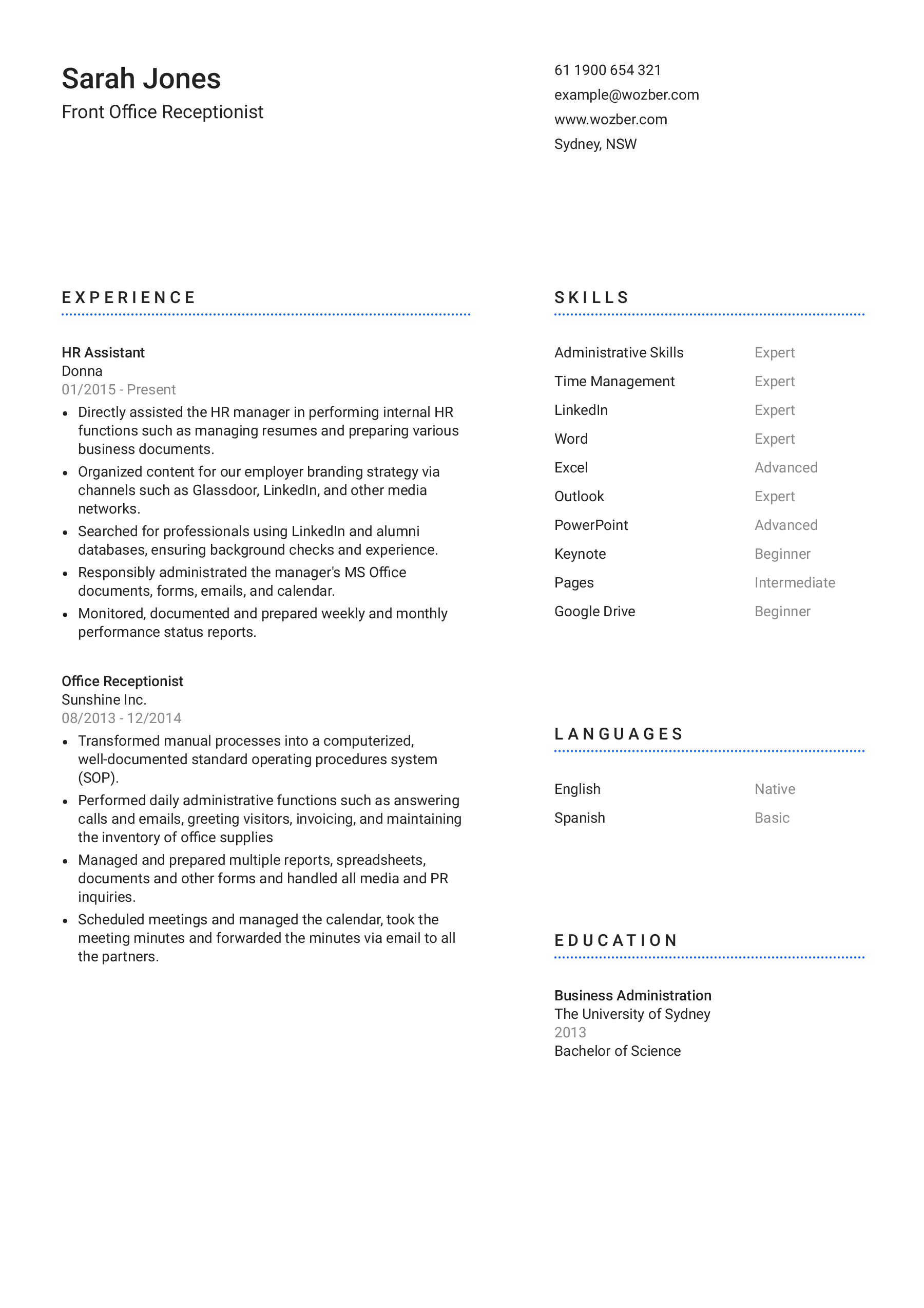 Modern resume example for Front Office Receptionist position